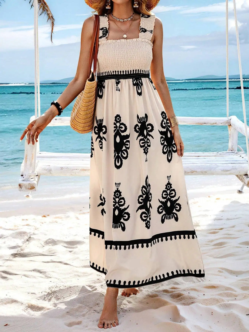 Maxikleid Damen Blumenprint Spaghettiträger Strandkleid A-Linie