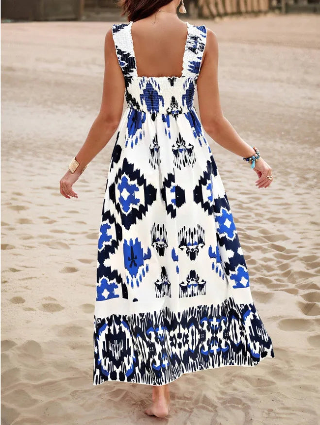 Maxikleid Damen Blumenprint Spaghettiträger Strandkleid A-Linie