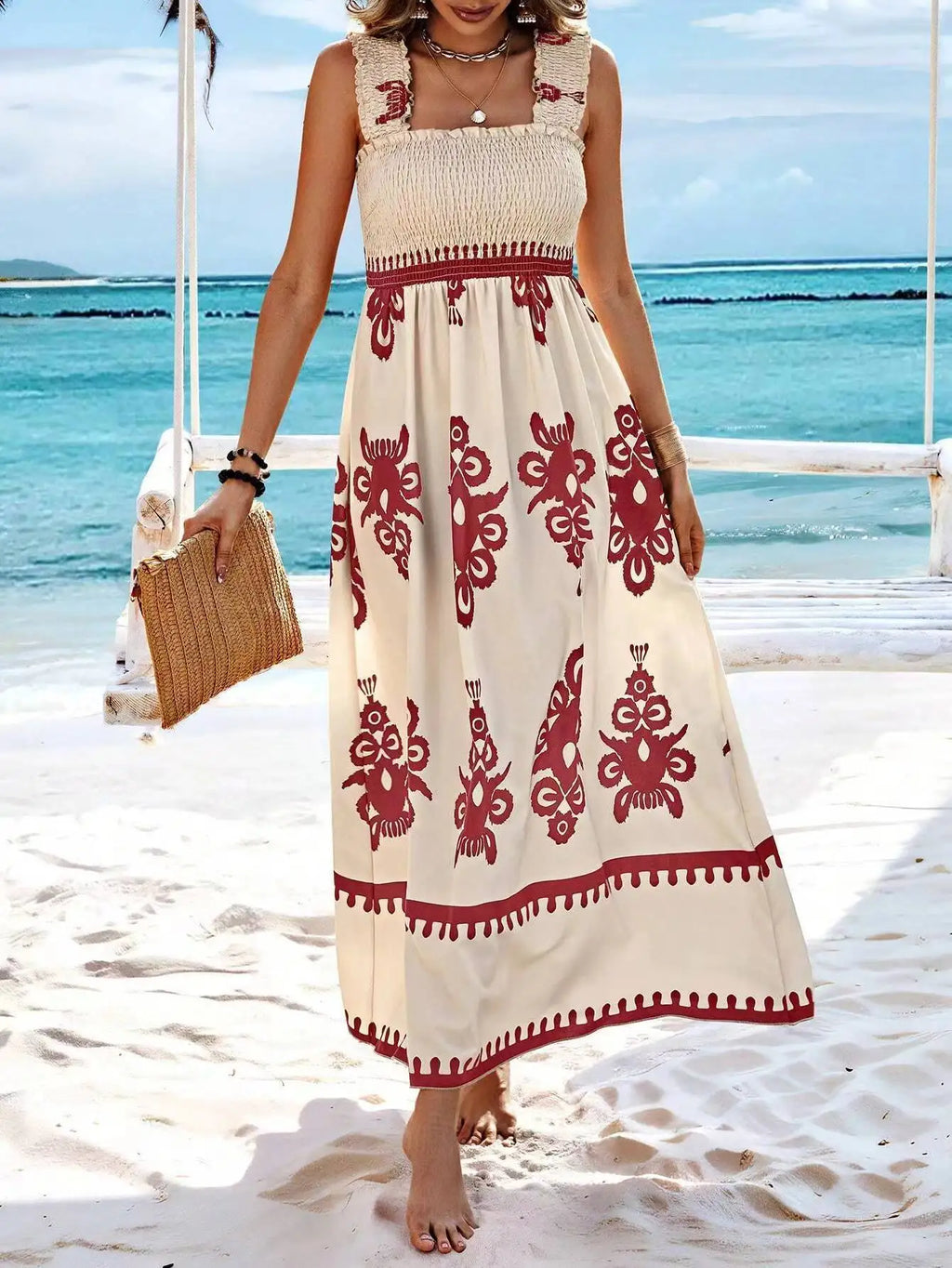 Maxikleid Damen Blumenprint Spaghettiträger Strandkleid A-Linie