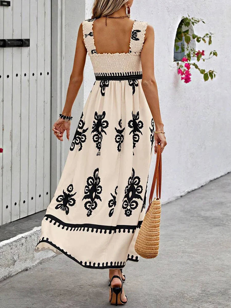 Maxikleid Damen Blumenprint Spaghettiträger Strandkleid A-Linie