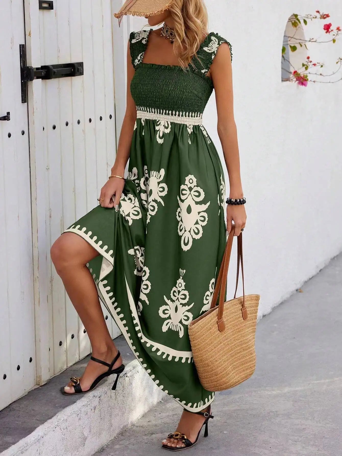 Maxikleid Damen Blumenprint Spaghettiträger Strandkleid A-Linie