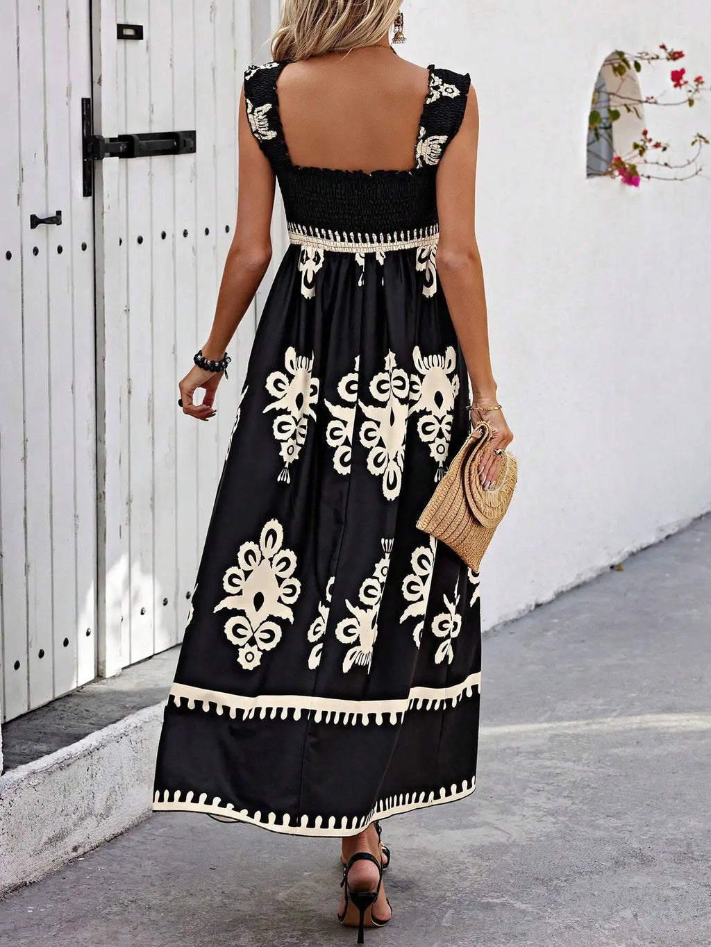 Maxikleid Damen Blumenprint Spaghettiträger Strandkleid A-Linie