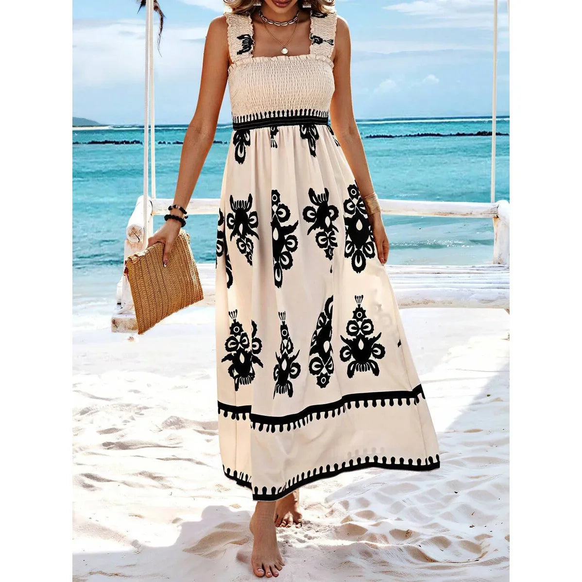 Maxikleid Damen Blumenprint Spaghettiträger Strandkleid A-Linie