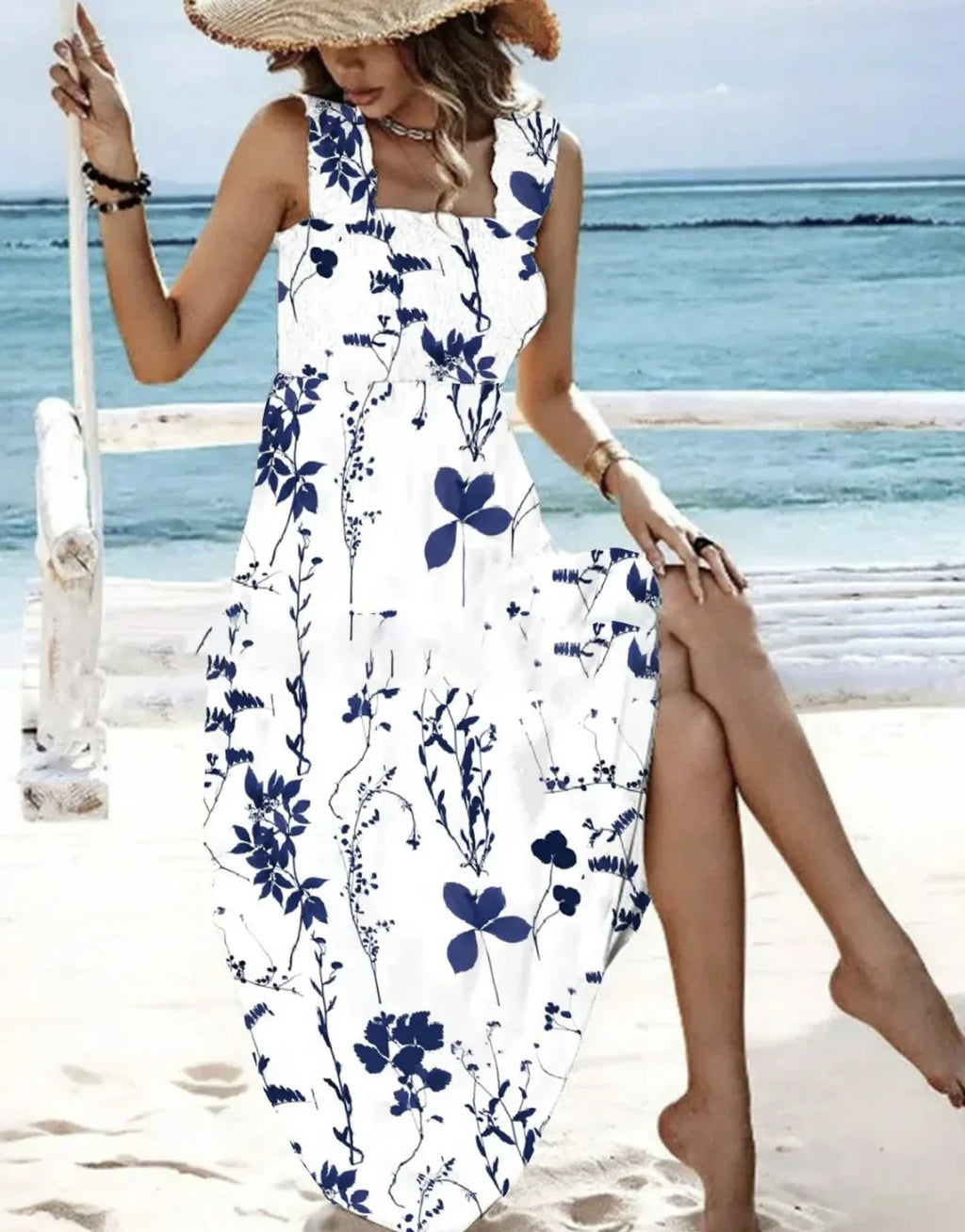 Maxikleid Damen Blumenprint Spaghettiträger Strandkleid A-Linie