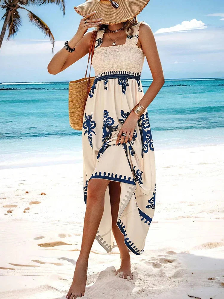 Maxikleid Damen Blumenprint Spaghettiträger Strandkleid A-Linie
