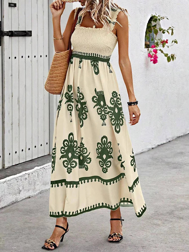 Maxikleid Damen Blumenprint Spaghettiträger Strandkleid A-Linie