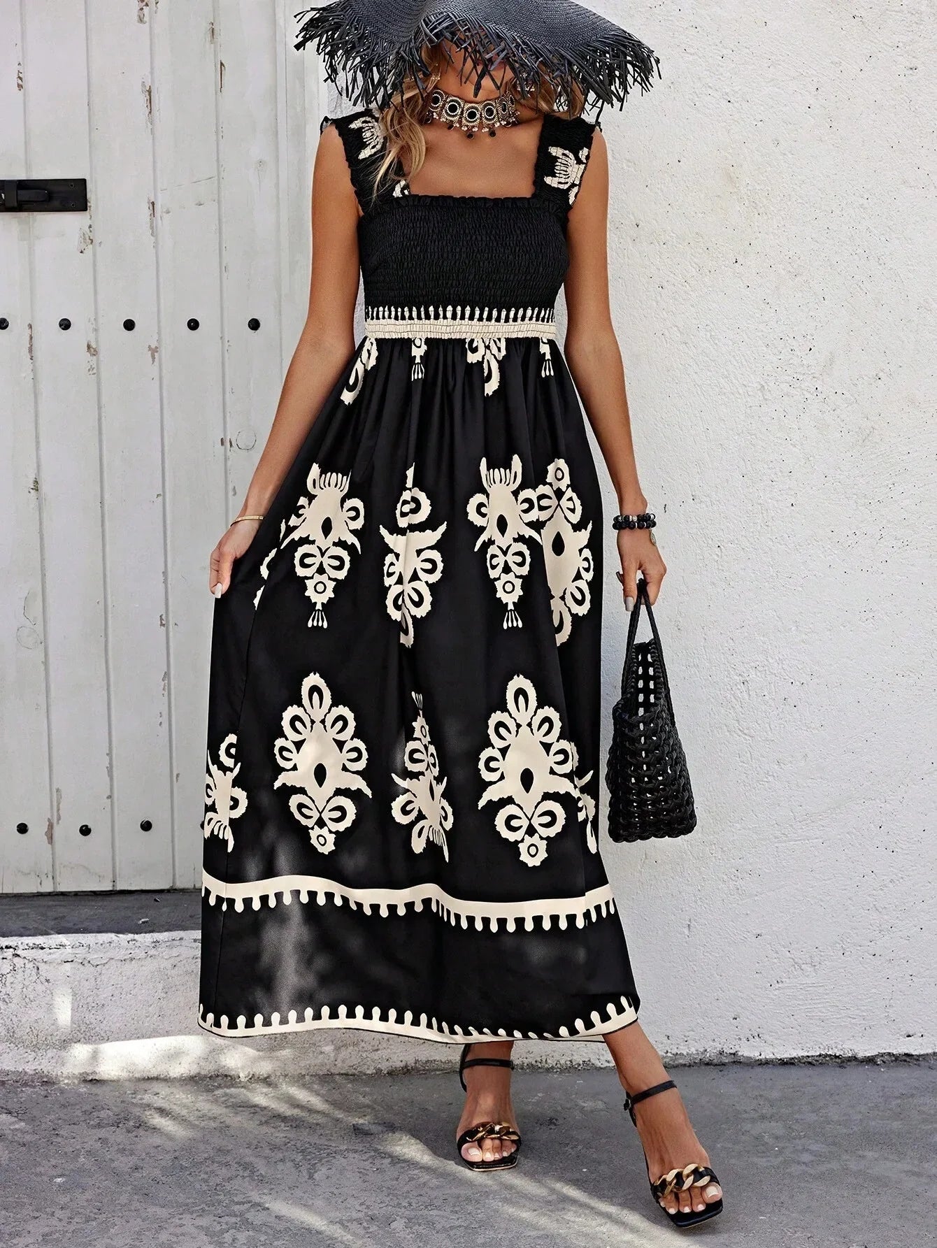 Maxikleid Damen Blumenprint Spaghettiträger Strandkleid A-Linie