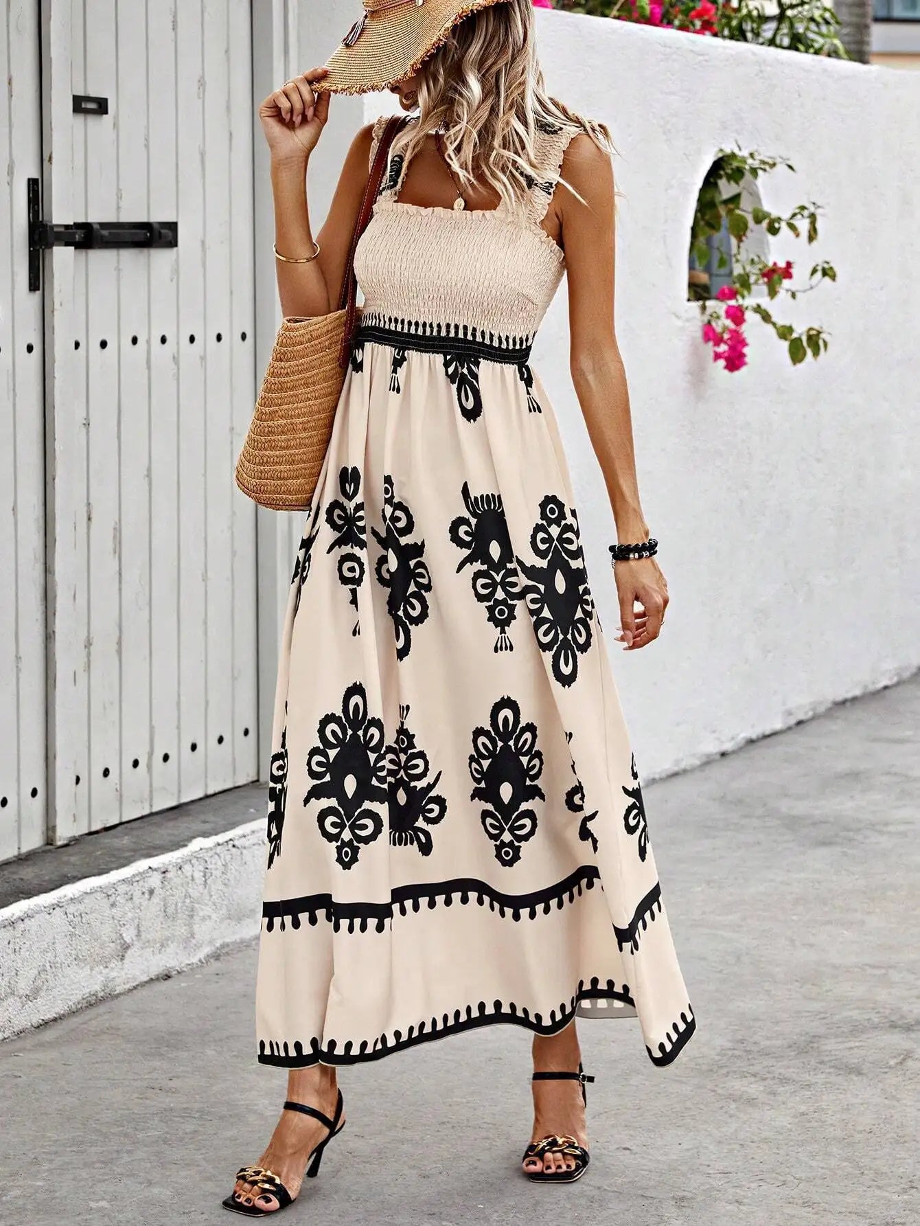 Maxikleid Damen Blumenprint Spaghettiträger Strandkleid A-Linie