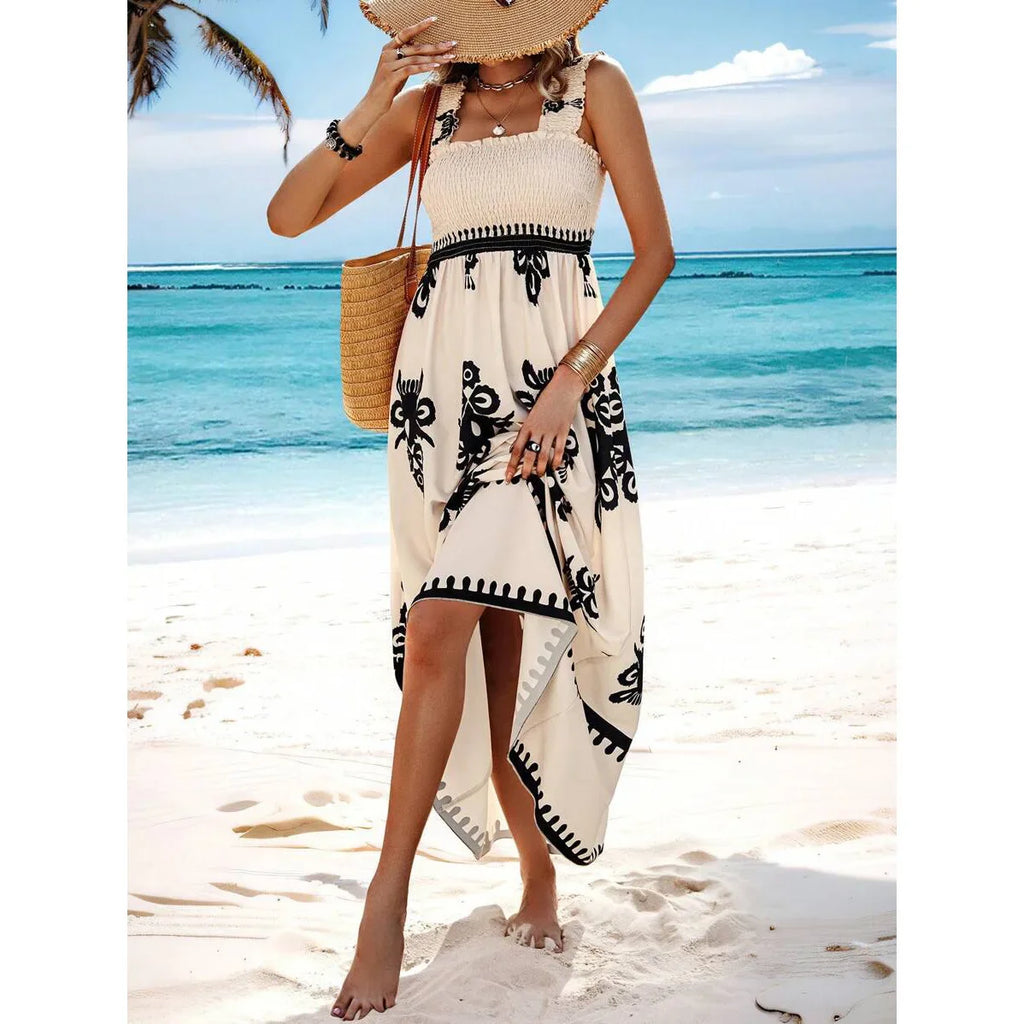 Maxikleid Damen Blumenprint Spaghettiträger Strandkleid A-Linie