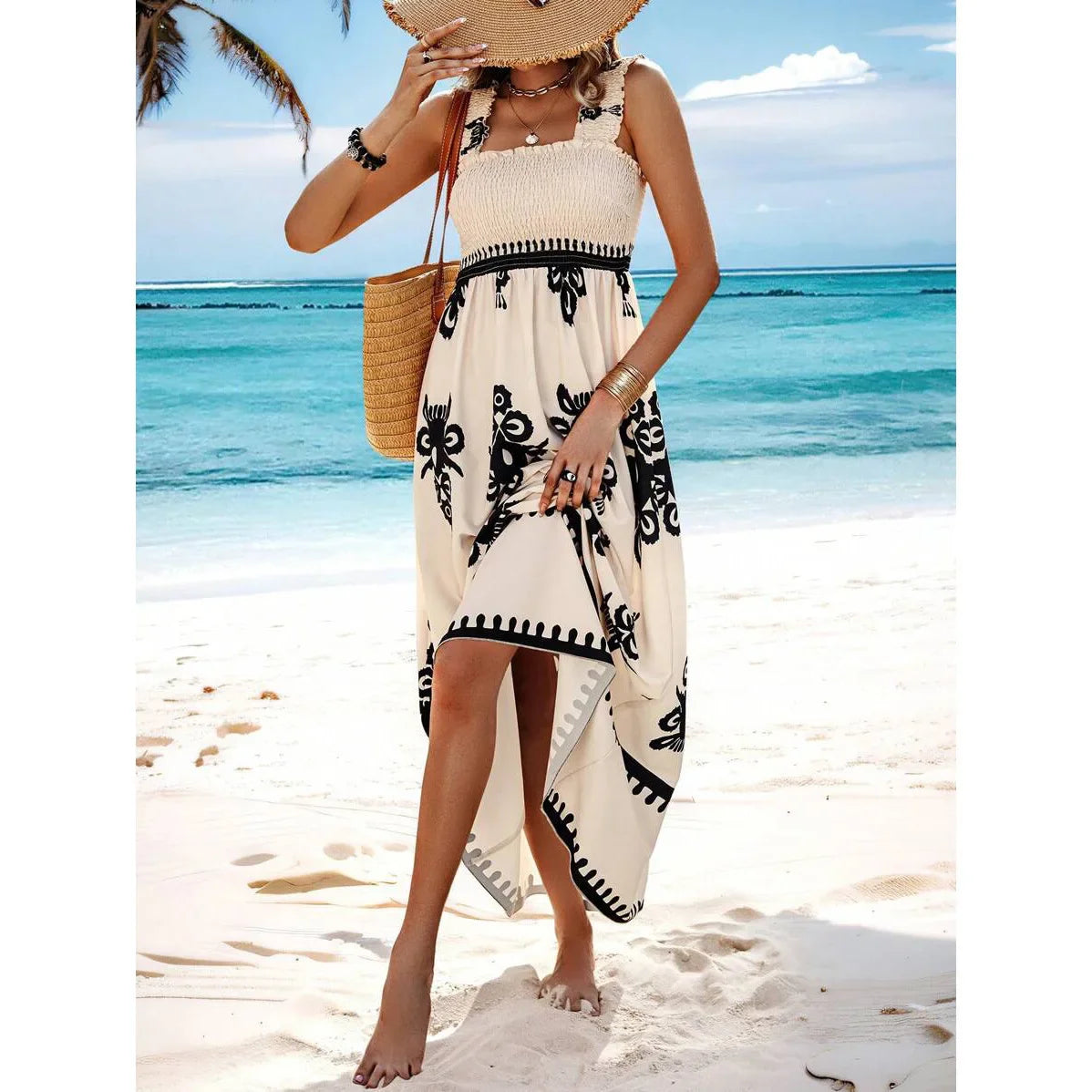 Maxikleid Damen Blumenprint Spaghettiträger Strandkleid A-Linie