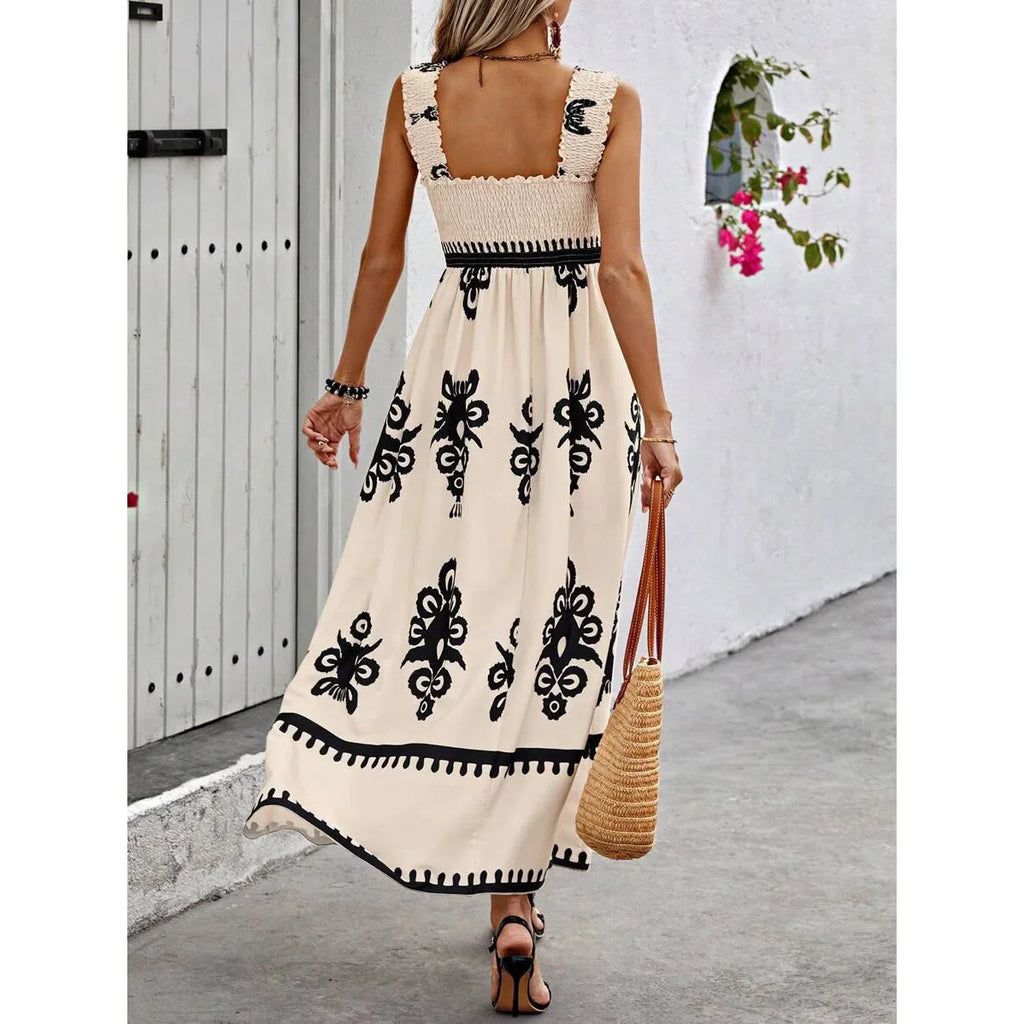 Maxikleid Damen Blumenprint Spaghettiträger Strandkleid A-Linie
