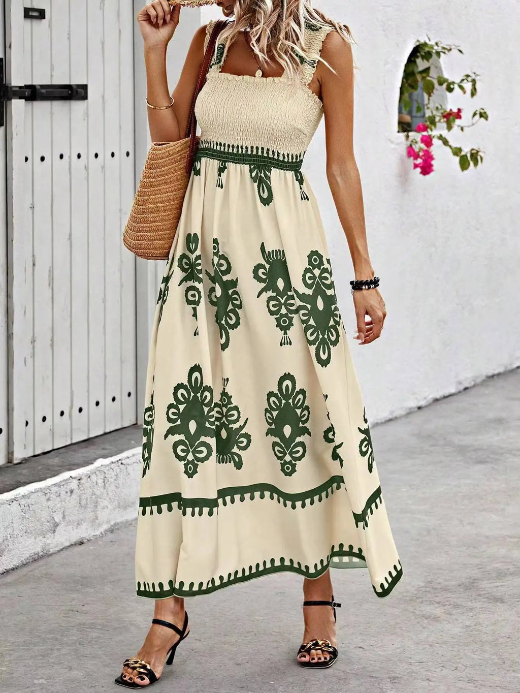 Maxikleid Damen Blumenprint Spaghettiträger Strandkleid A-Linie