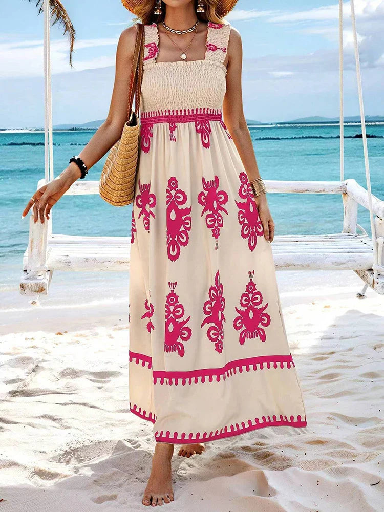 Maxikleid Damen Blumenprint Spaghettiträger Strandkleid A-Linie