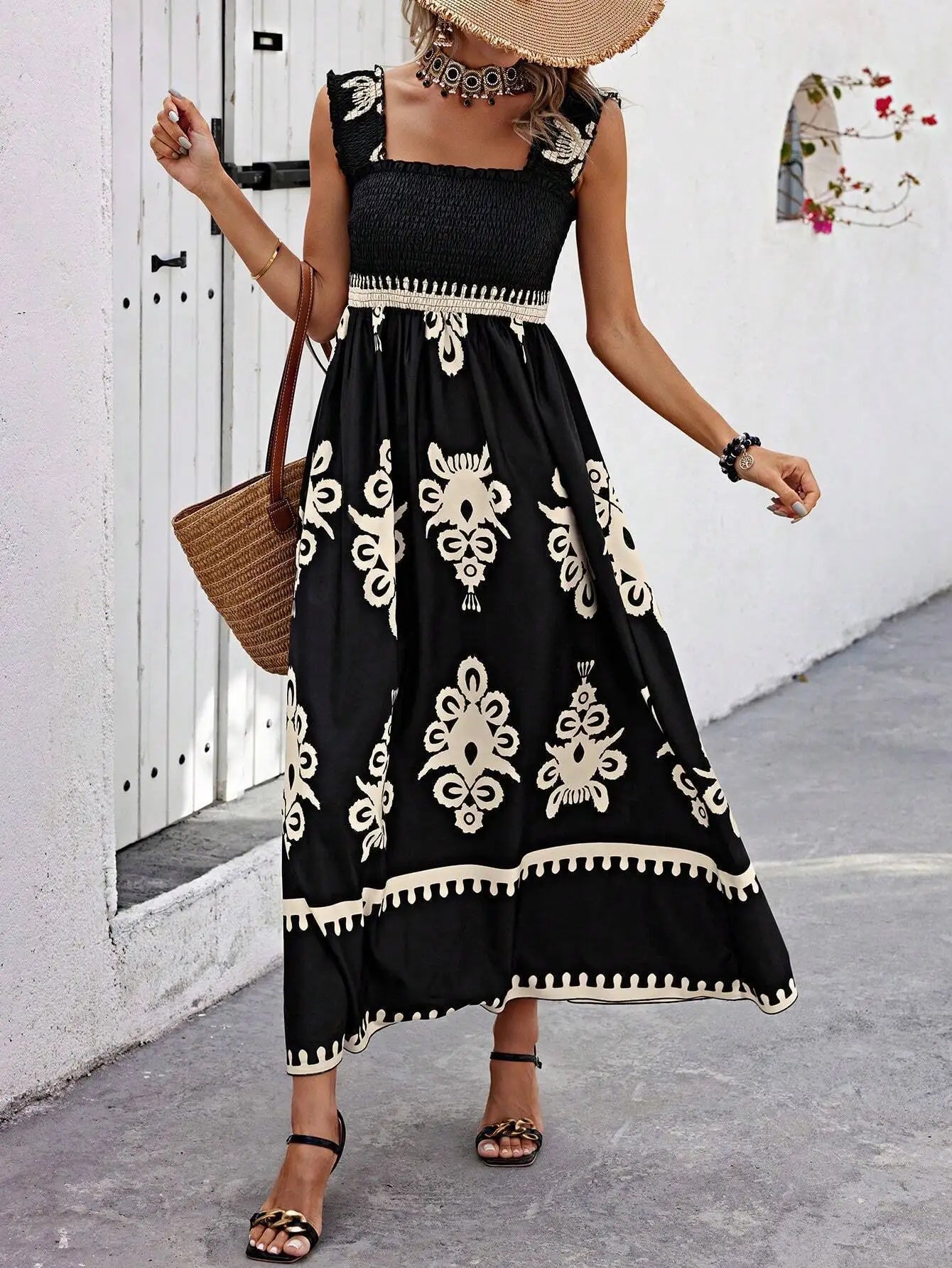 Maxikleid Damen Blumenprint Spaghettiträger Strandkleid A-Linie