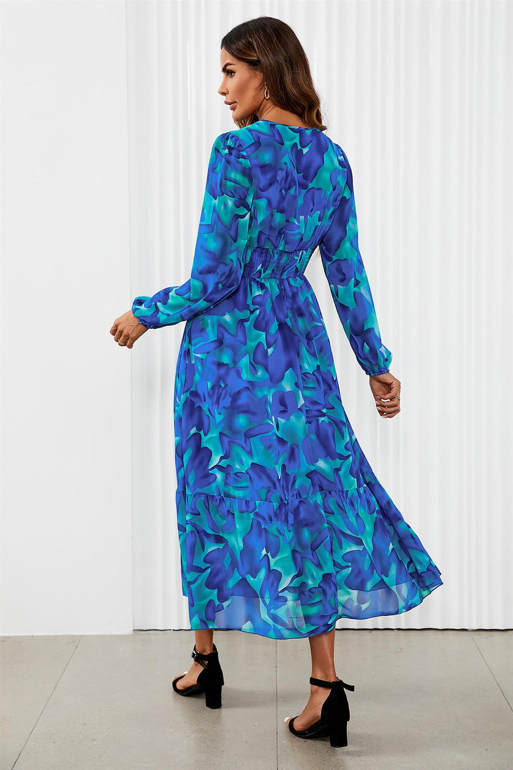 Maxikleid Damen Blumenprint Blau Langarm Spitze kaufen