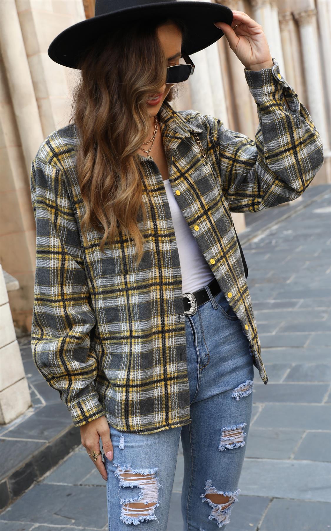 Shacket Damen kariert grau – Oversized Hemdjacke Vintage OneSize