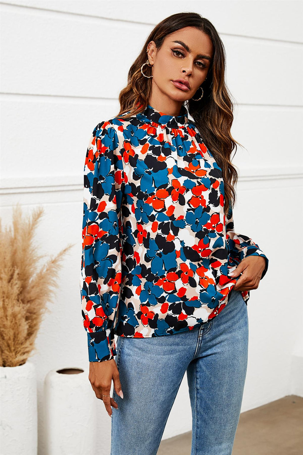 Bluse Damen Blumenprint Blau Stehkragen Langarm kaufen