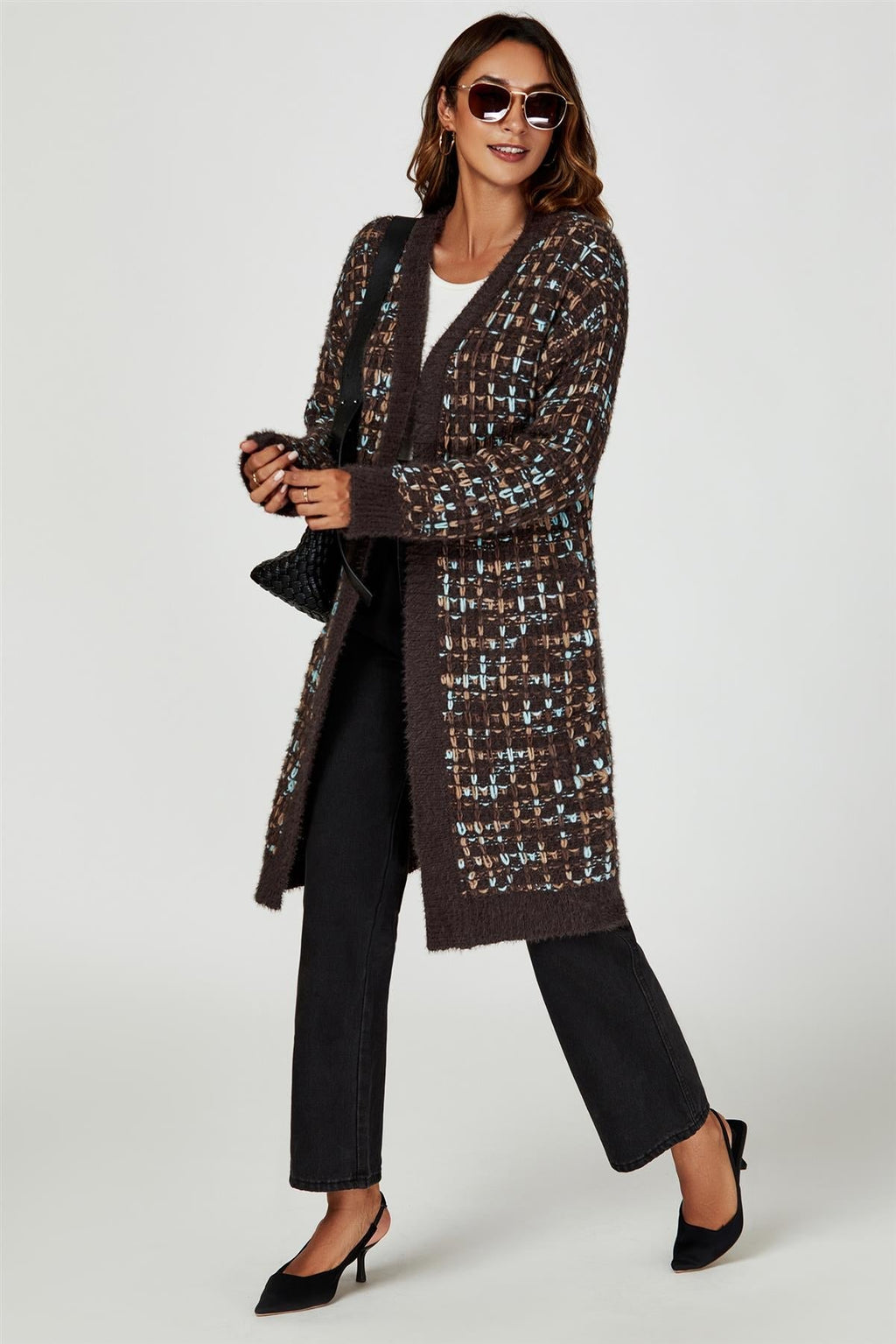 Cardigan Damen Bouclé Braun Bunt Strickjacke Oversized kaufen