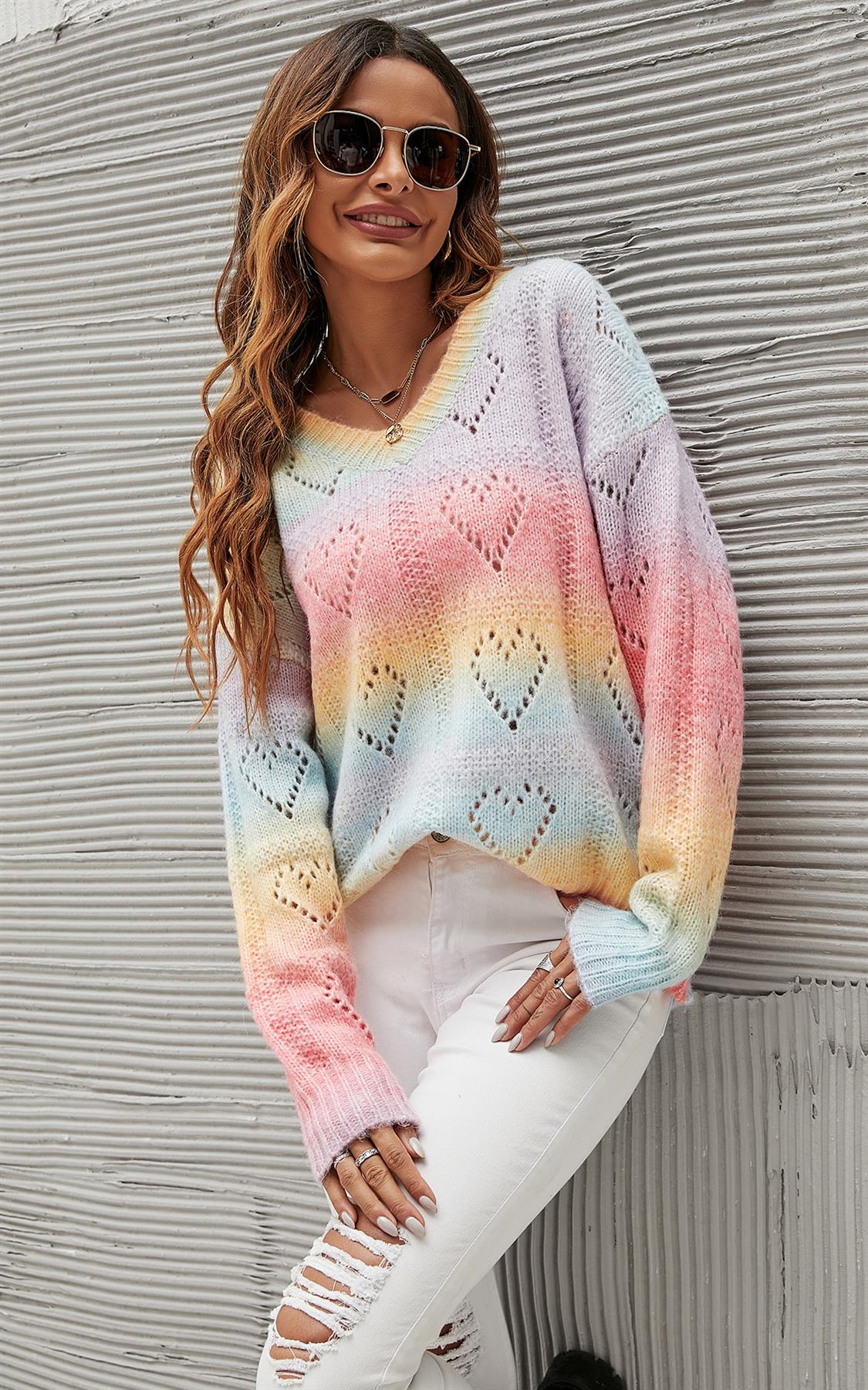 Strickpullover Damen Herzmuster Bunt Langarm Oversized Top
