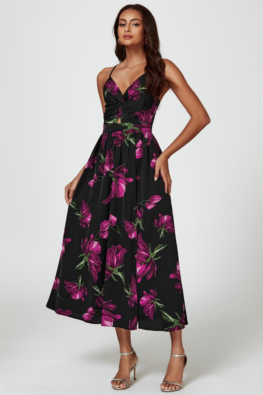 Maxikleid Damen Schwarz Blumenprint Twist-Front Beinschlitz kaufen