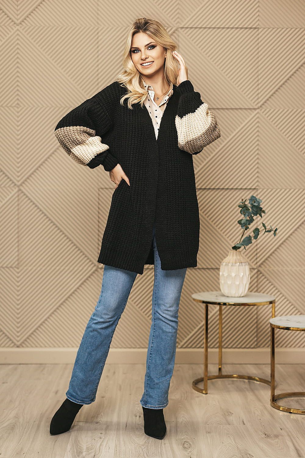 Strickjacke Damen Kontraststreifen Ärmel Locker & Elegant