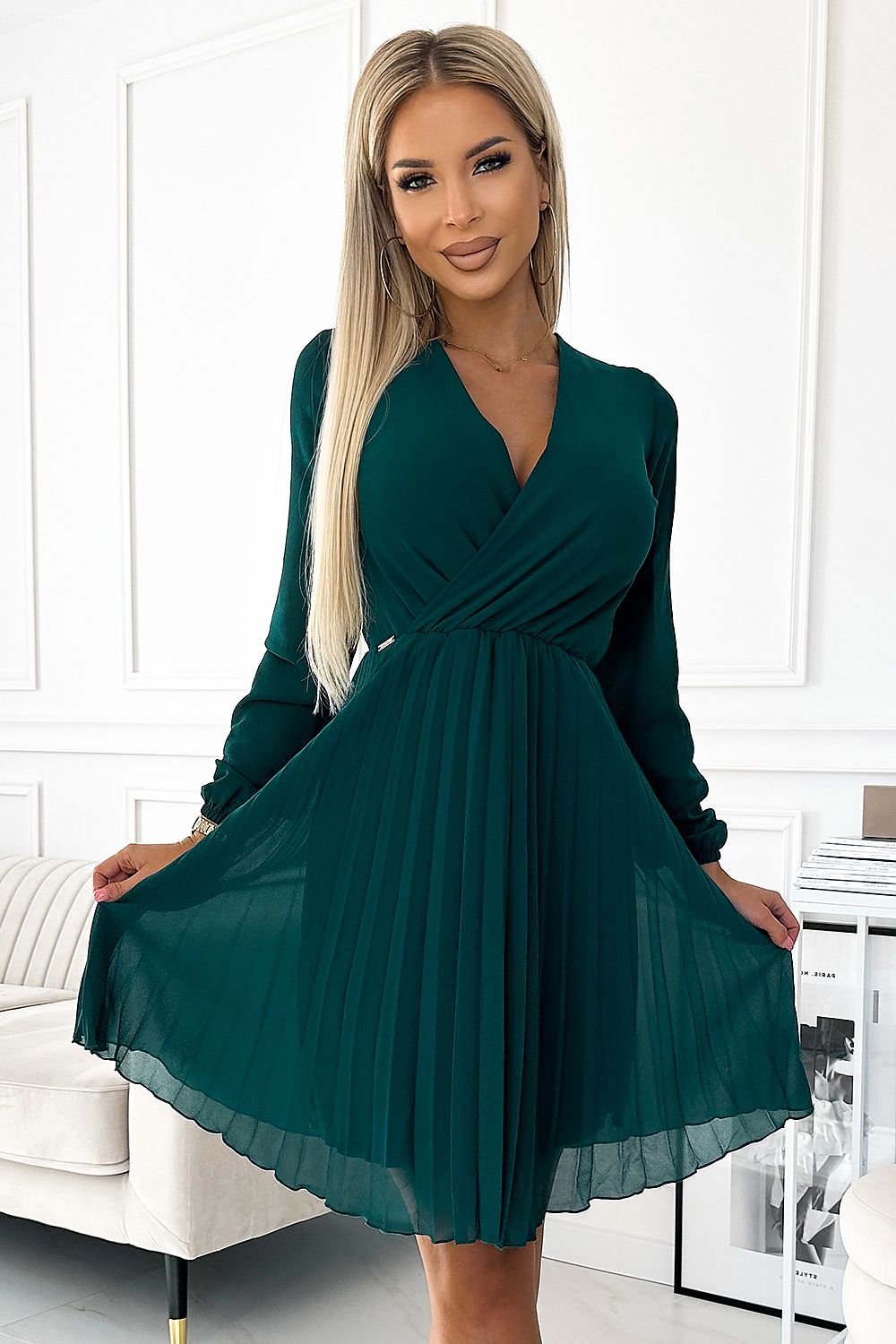 Cocktailkleid Damen Plissiert Chiffon Langarm