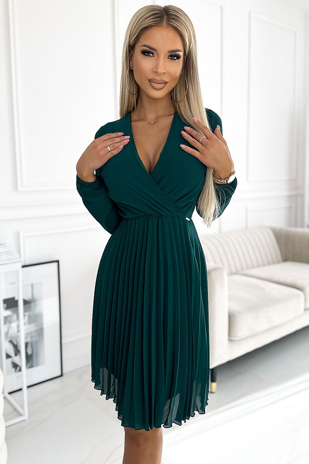 Cocktailkleid Damen Plissiert Chiffon Langarm