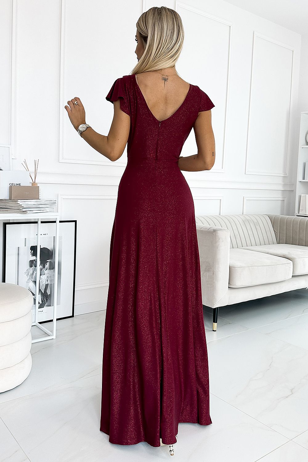 Maxikleid Damen Glitzer Umschlagausschnitt Beinschlitz Elegant