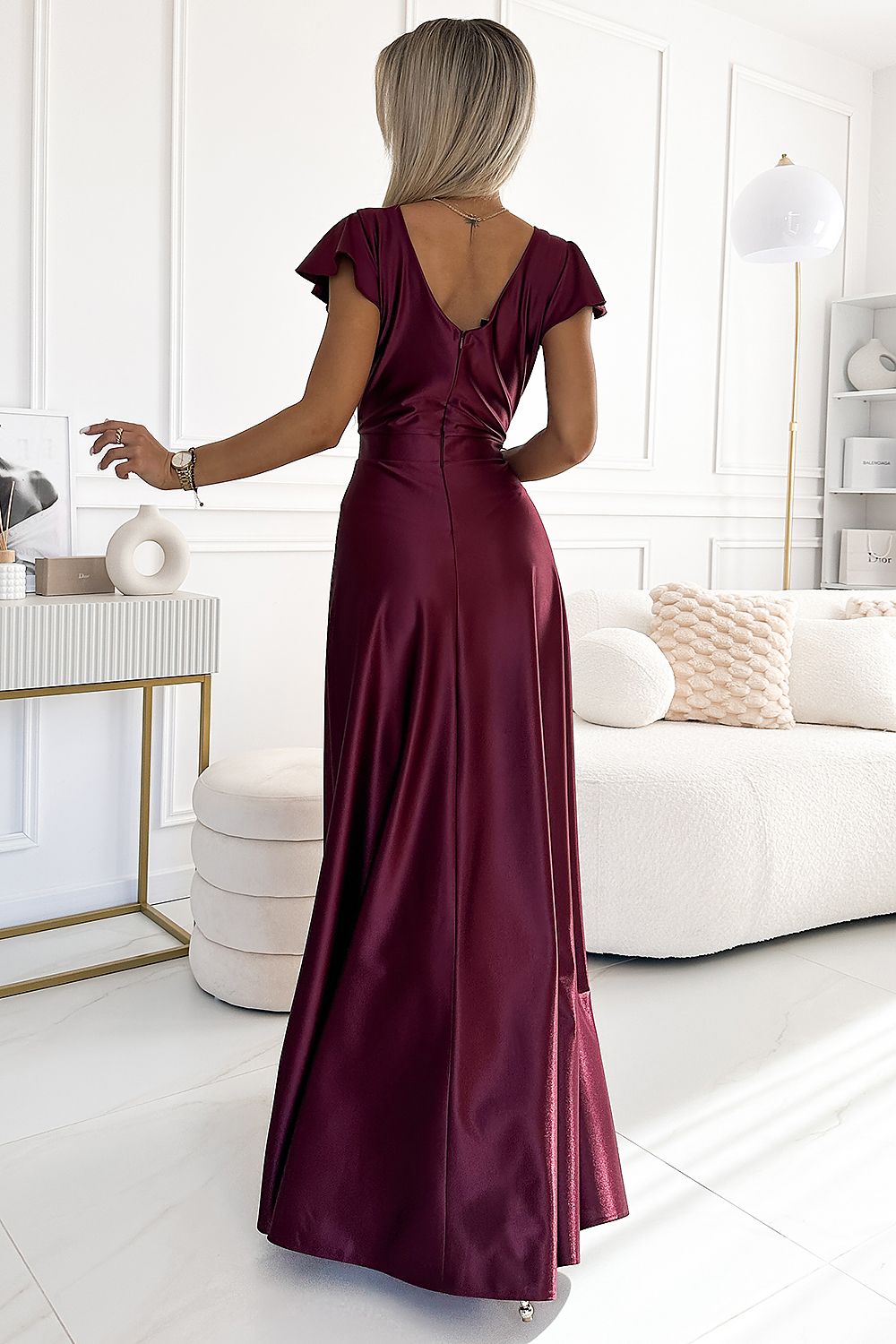 Maxikleid Damen Glitzer Umschlagausschnitt Beinschlitz Elegant
