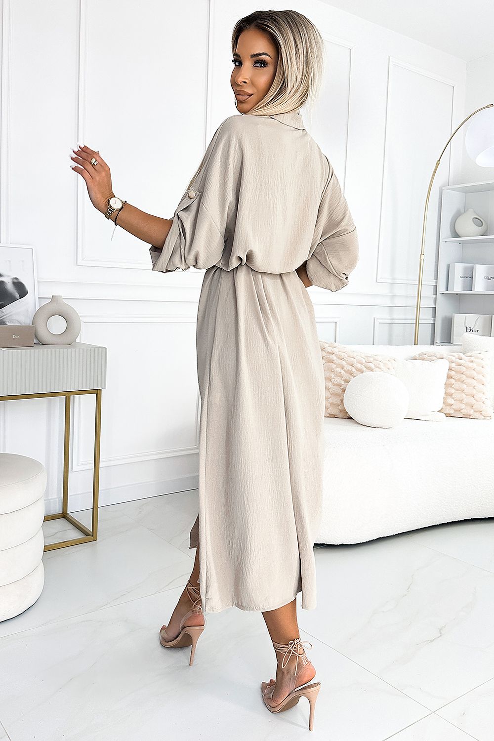 Midikleid Damen Schmirgelstoff Goldknöpfe Tailliert