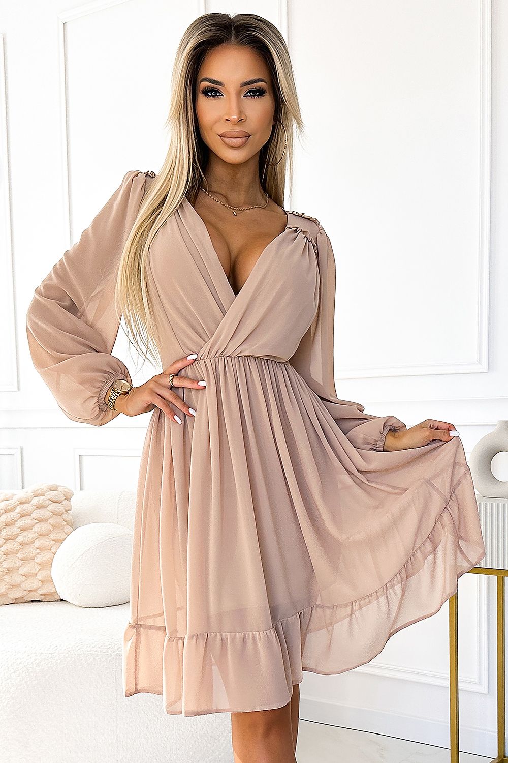 Midikleid Damen Chiffon Langarm Elegant Beige