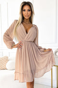 Midikleid Damen Chiffon Langarm Elegant Beige