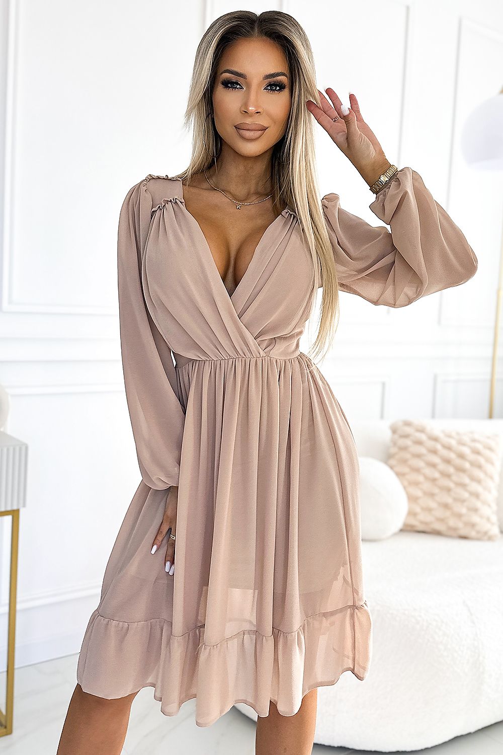 Midikleid Damen Chiffon Langarm Elegant Beige