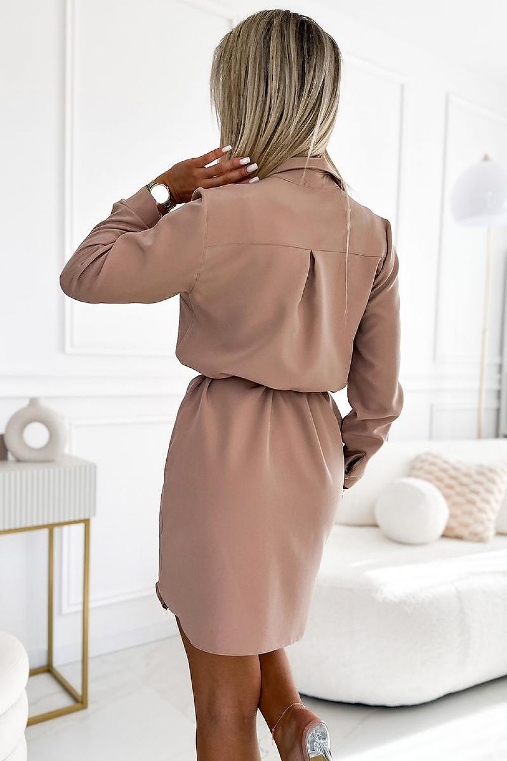 Hemdkleid Damen Taschen Bindung Midi