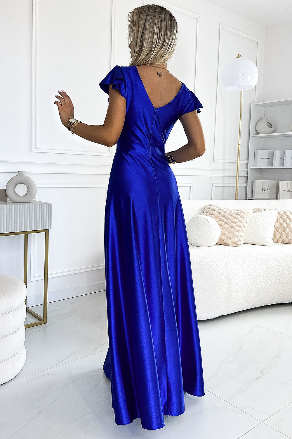 Maxikleid Damen Glitzer Umschlagausschnitt Beinschlitz Elegant