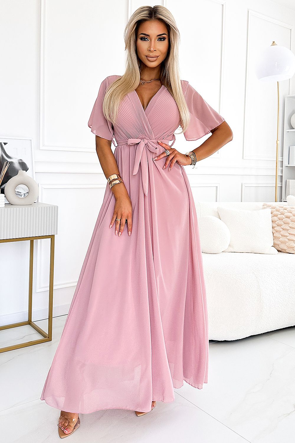 Maxikleid Damen Chiffon Plissiert Bindeband Kurzarm
