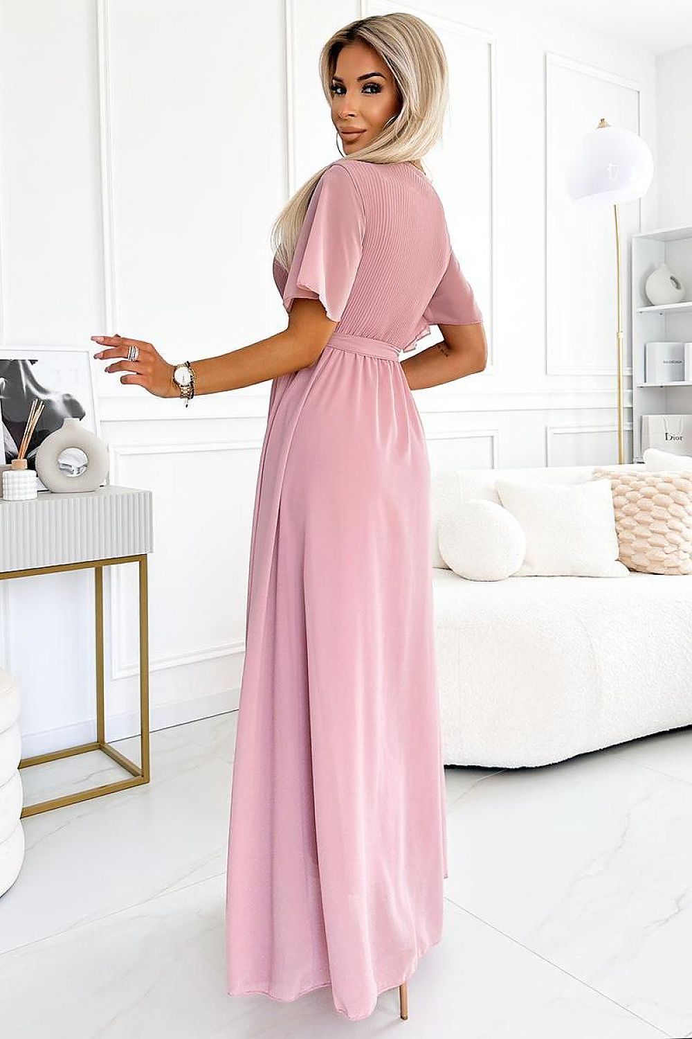 Maxikleid Damen Chiffon Plissiert Bindeband Kurzarm