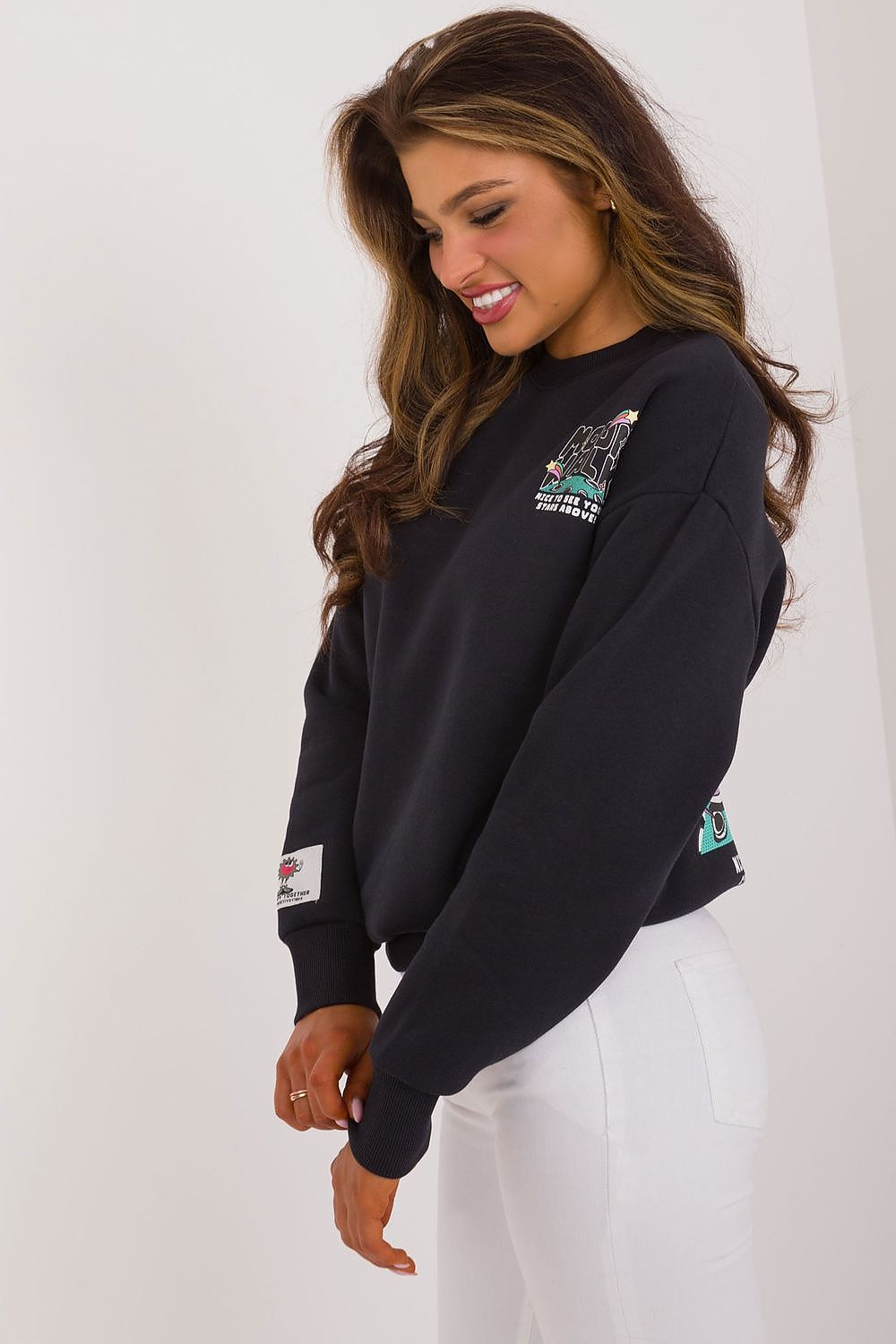 Sweater Damen Rundhals Großer Rückendruck Baumwolle
