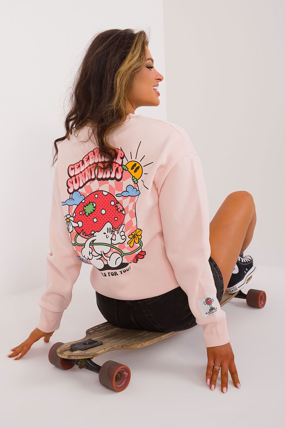 Sweater Damen Rundhals Großer Rückendruck Baumwolle