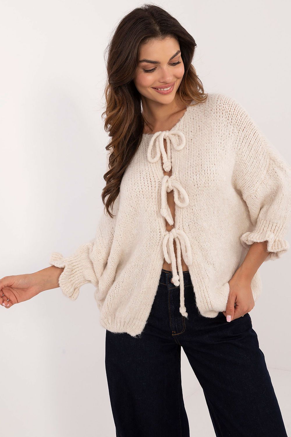 Cardigan Damen lässig mit 3/4-Arm & Bandverschluss | Strickjacke