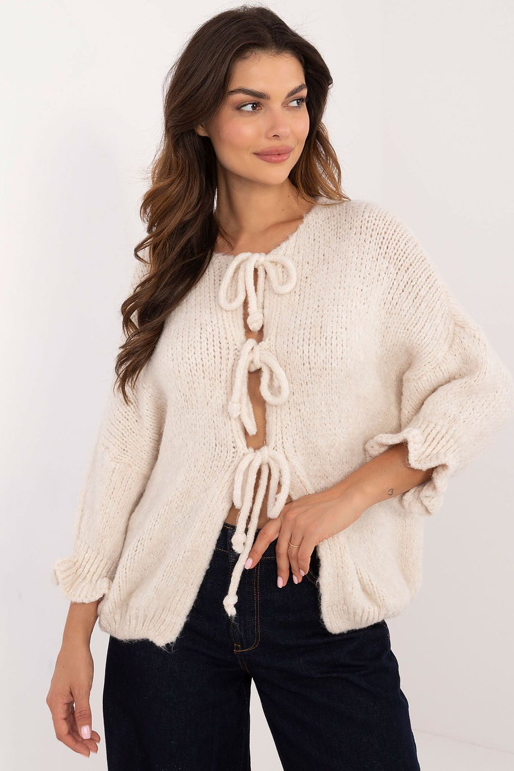 Cardigan Damen lässig mit 3/4-Arm & Bandverschluss | Strickjacke