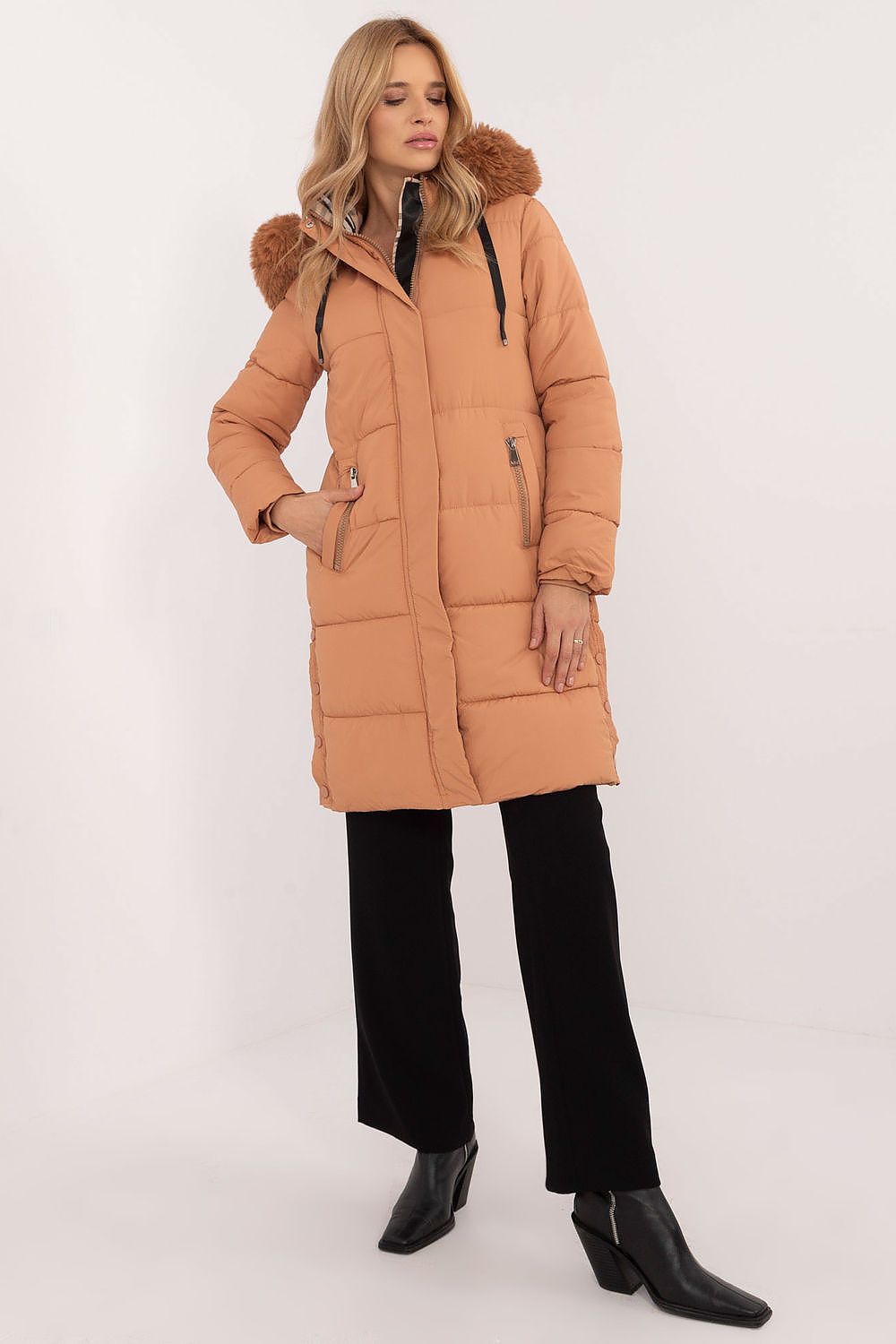 Winterjacke Damen lang gesteppt Pelzkapuze – S bis XXL warm
