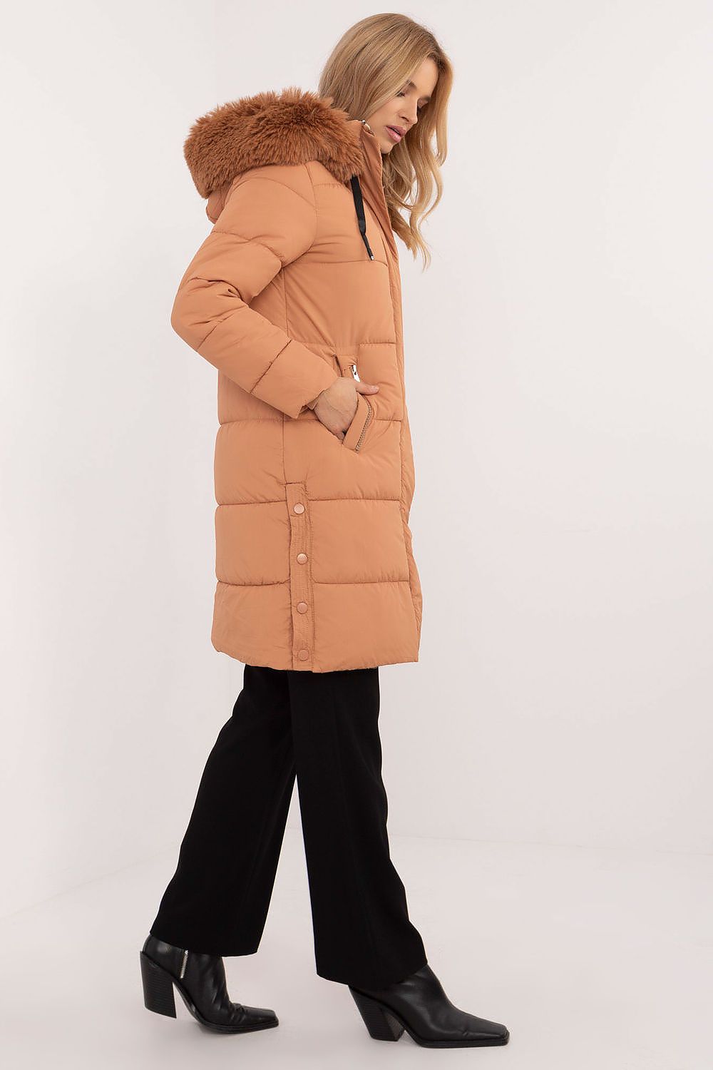 Winterjacke Damen lang gesteppt Pelzkapuze – S bis XXL warm
