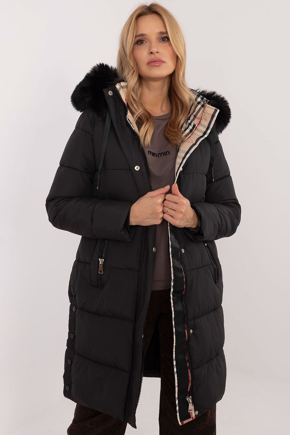 Winterjacke Damen lang gesteppt Pelzkapuze – S bis XXL warm