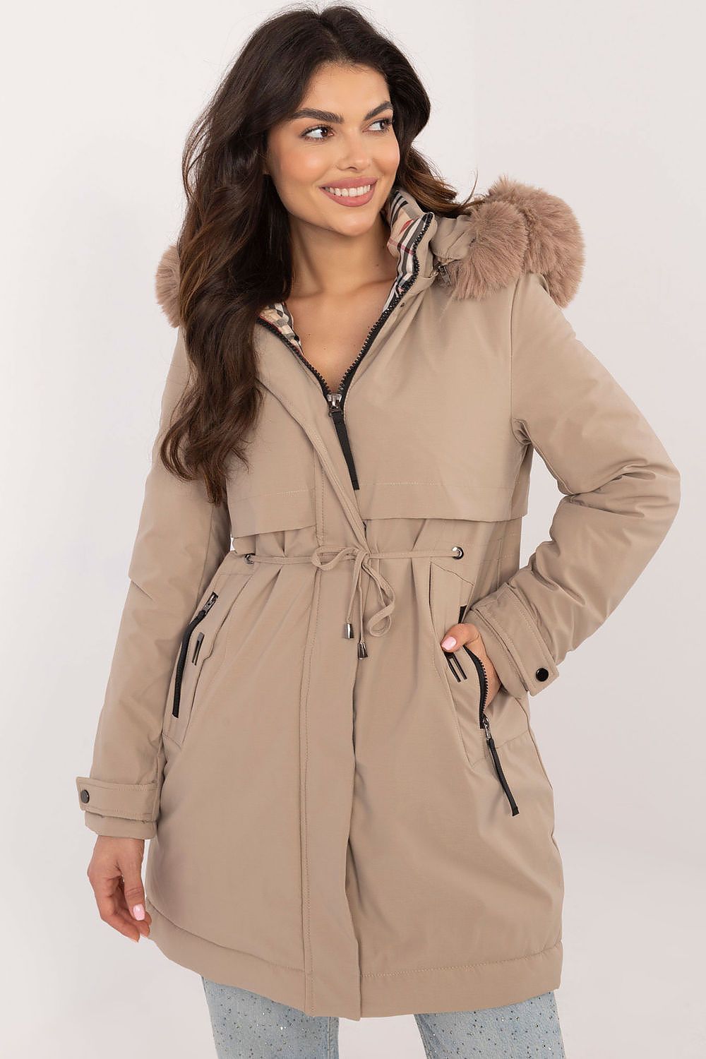 Steppjacke Damen lang Gürtel Pelzkapuze – Warm & Elegant S-XXL