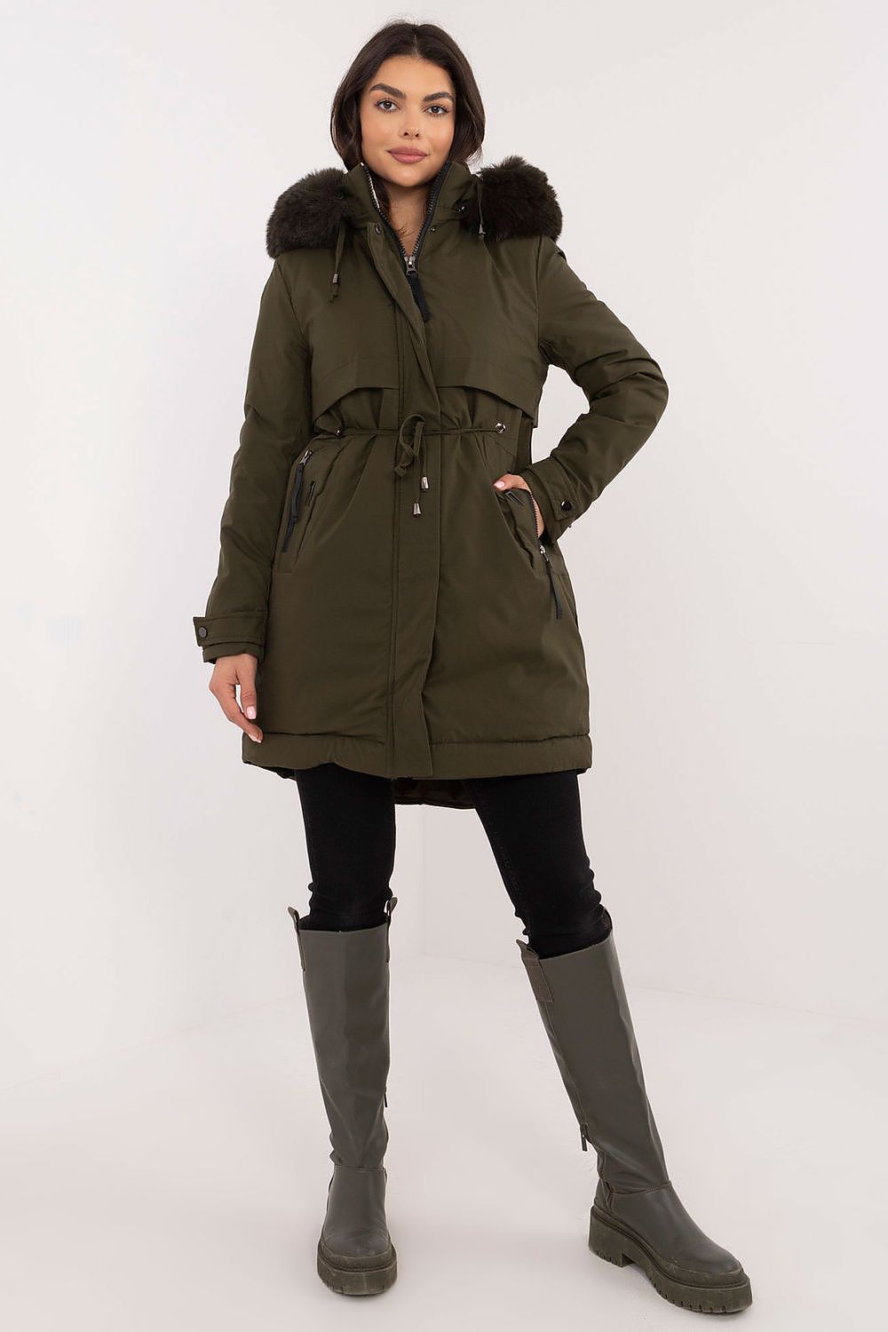 Steppjacke Damen lang Gürtel Pelzkapuze – Warm & Elegant S-XXL