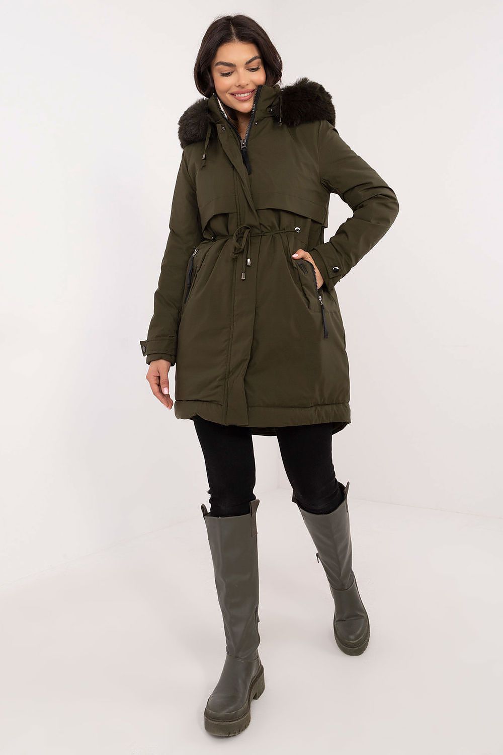 Steppjacke Damen lang Gürtel Pelzkapuze – Warm & Elegant S-XXL