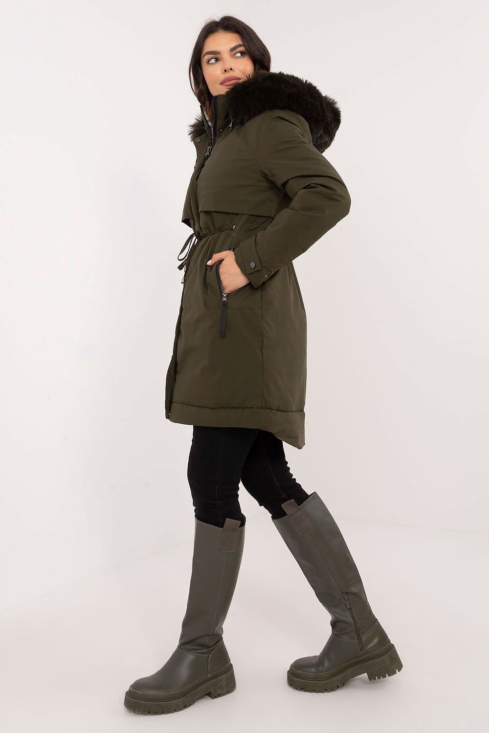 Steppjacke Damen lang Gürtel Pelzkapuze – Warm & Elegant S-XXL