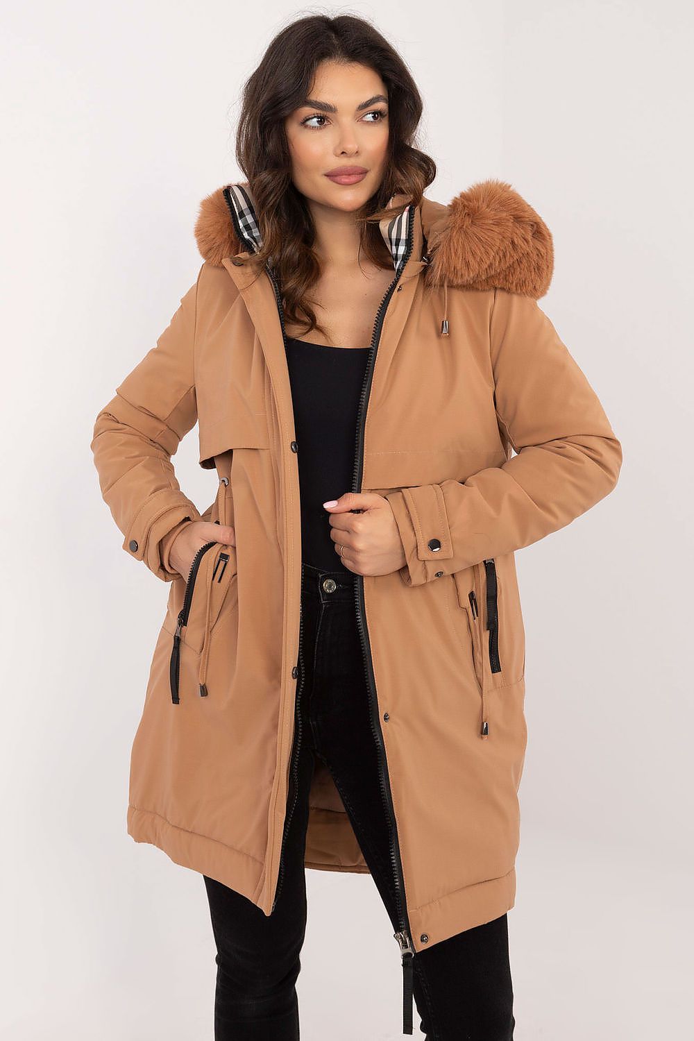 Steppjacke Damen lang Gürtel Pelzkapuze – Warm & Elegant S-XXL