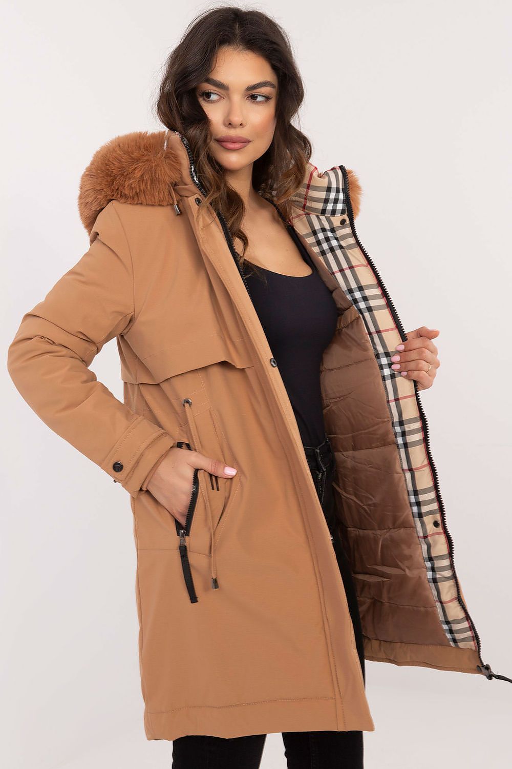 Steppjacke Damen lang Gürtel Pelzkapuze – Warm & Elegant S-XXL